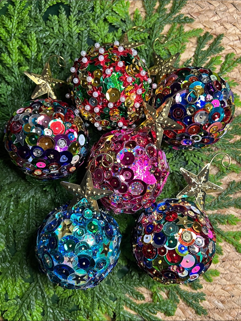 Lot of 6 Sequin Push Pin Christmas Ornaments Vintage Style Gold Star Hanger